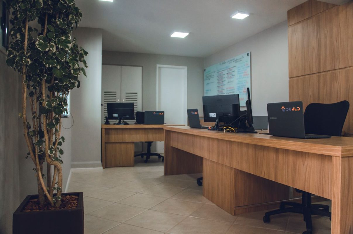 Çankaya ofis tasarımı örneği: ahşap masalı ve bitkili modern çalışma alanı