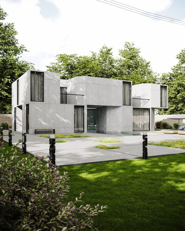 cephe tasarımı villa - geometrik beton kütleler ve havuzlu bahçe